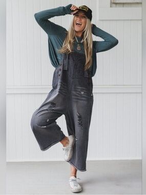 Three Bird Nest Charcoal Gray Distressed Wide-Leg Denim Overalls New with Tags